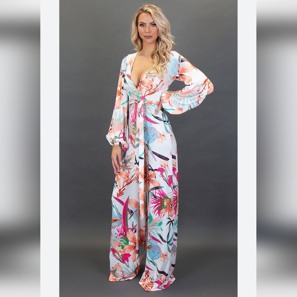 #6065 Karen - T Design Floral Long Sleeve Jumpsuit